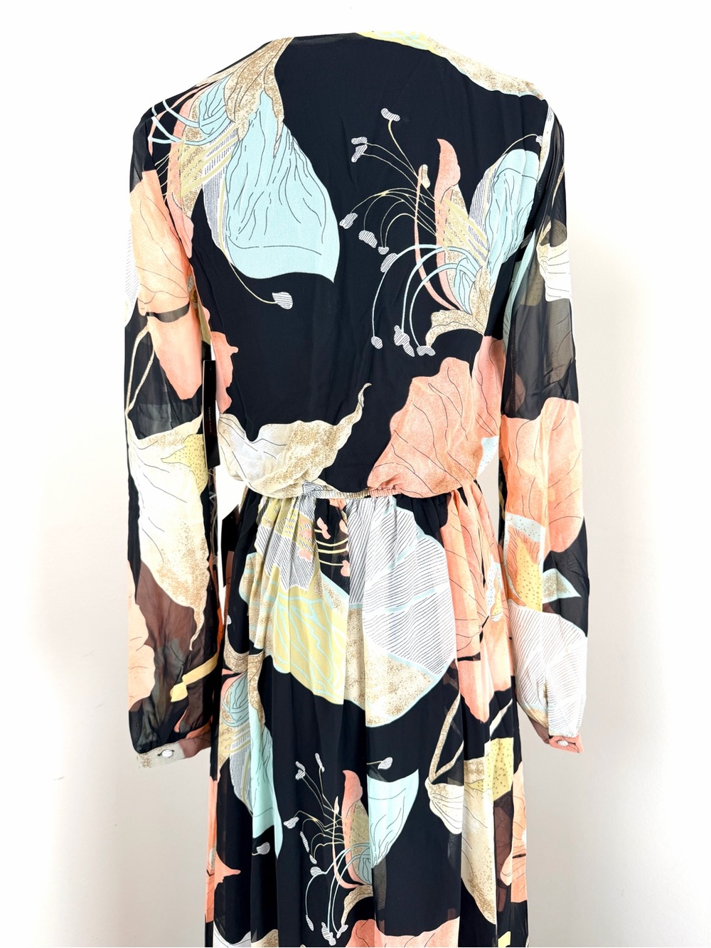 Lulu's Black Maxi Dress Coral & Mint Floral Print Faux Wrap XS NWT - Picture 5 of 16
